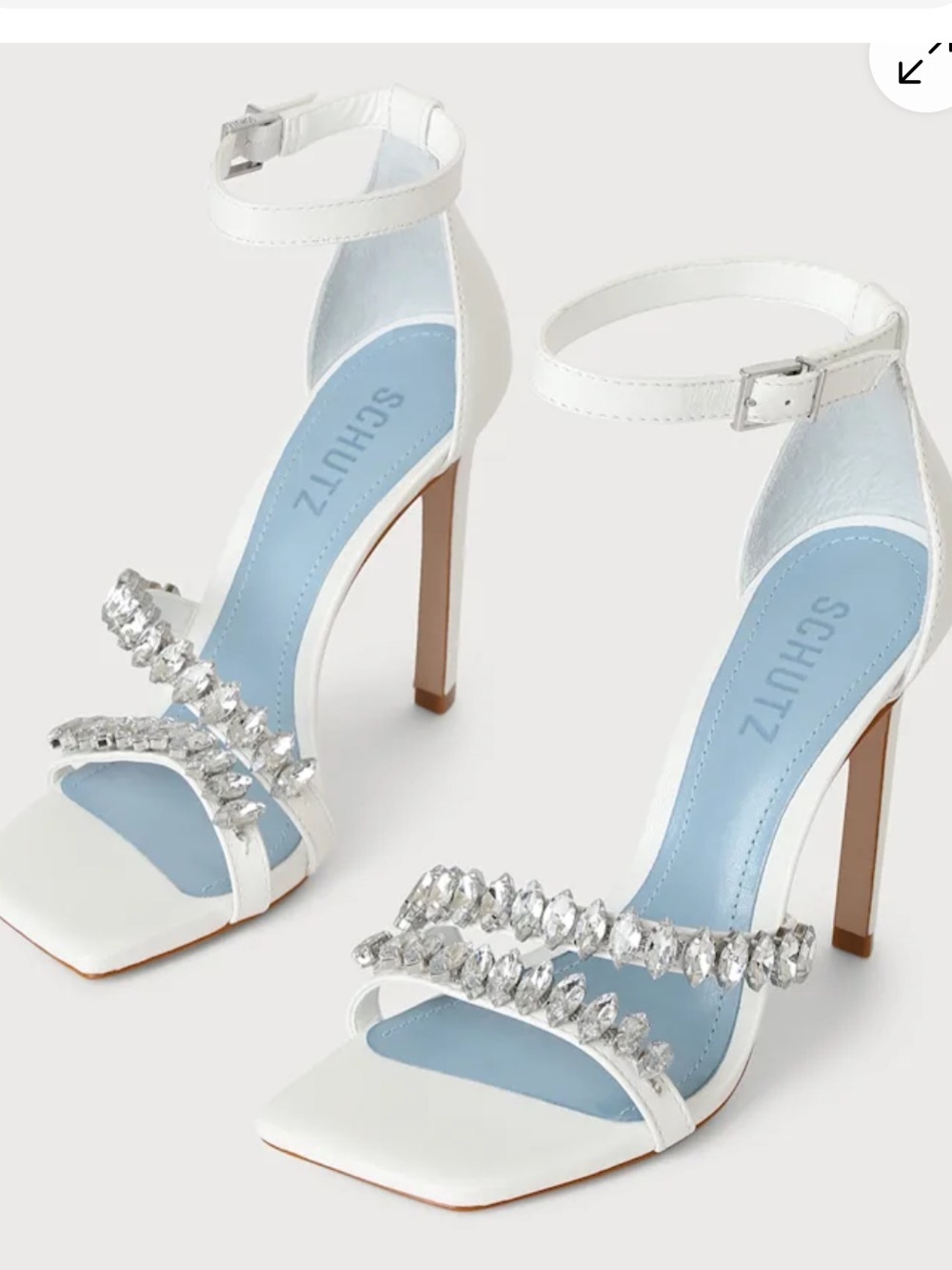 SCHUTZ Linsey White Leather Rhinestone Ankle Strap High Heel Stiletto Sandals 7